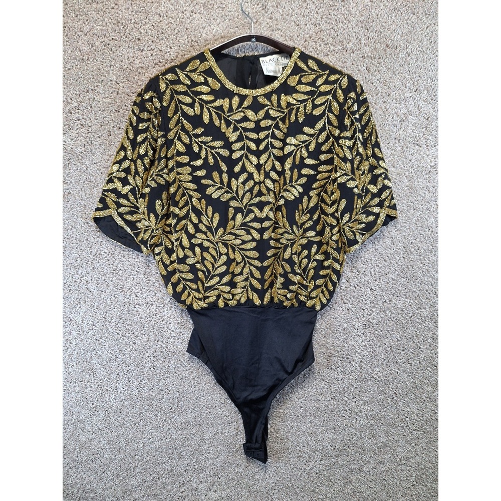 Oleg Cassini Bodysuit Womens Small Black Gold Lined Floral Embellishment Stretch